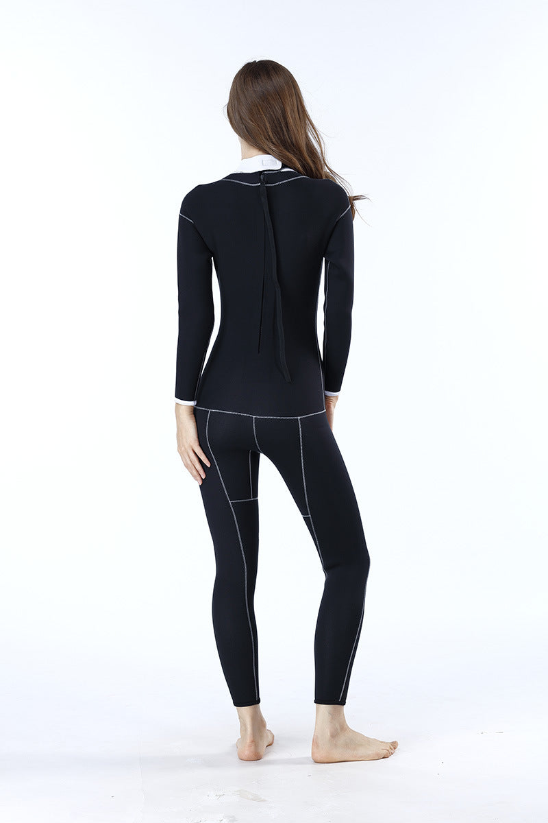 Women's neoprene swimsuit in a unique suit-like design, back  view