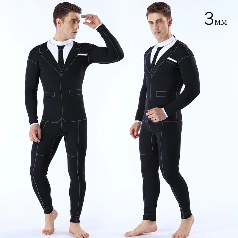 Front view of formal-looking wetsuit for men, perfect for diving and underwater adventures